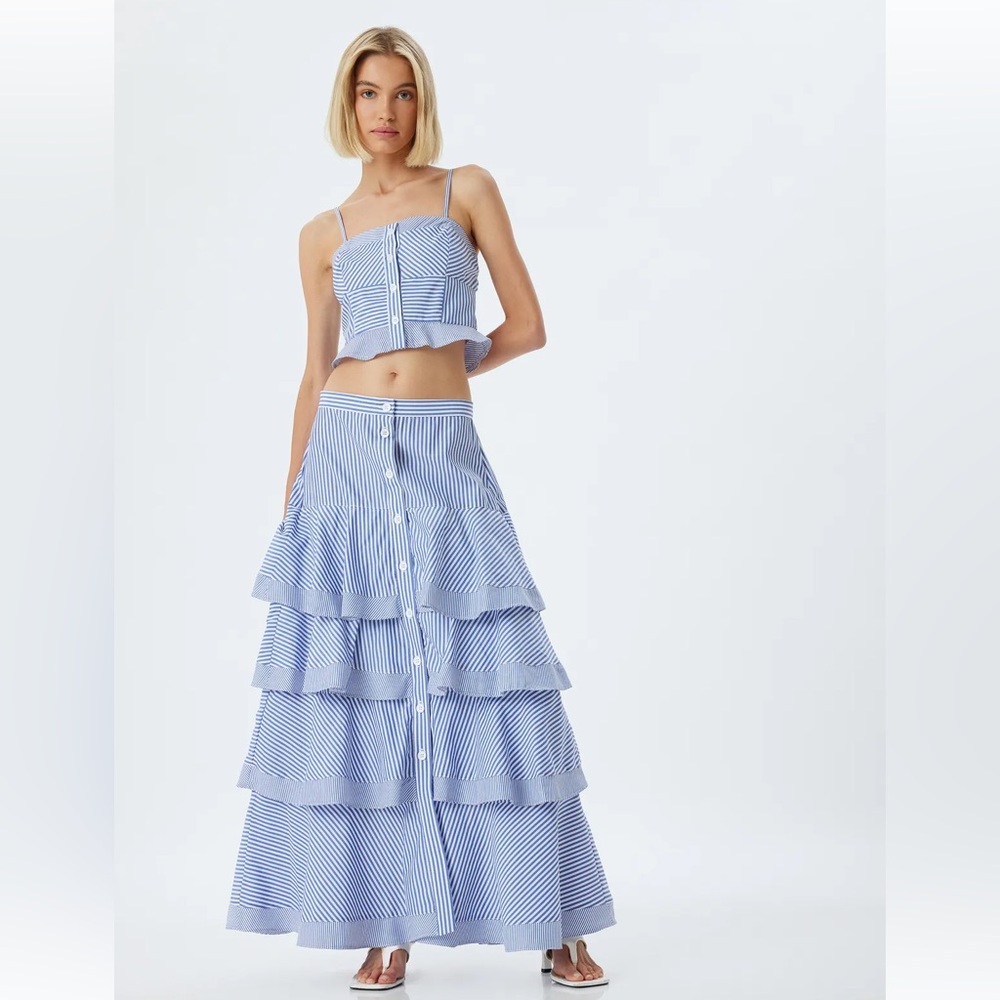 Sandro Striped Blue Maxi Tiered Skirt and Top Set